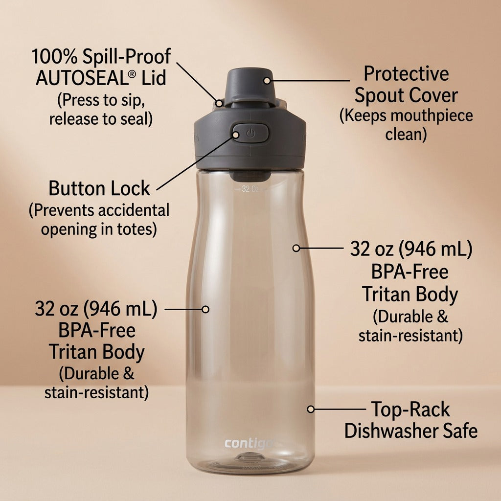 Contigo Cortland 2.0 32 oz water bottle in Sake with callouts for AUTOSEAL lid, lock, and Tritan body.