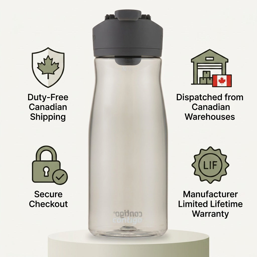 Contigo Cortland 2.0 32 oz water bottle in Sake with shipping, security, and warranty trust icons.