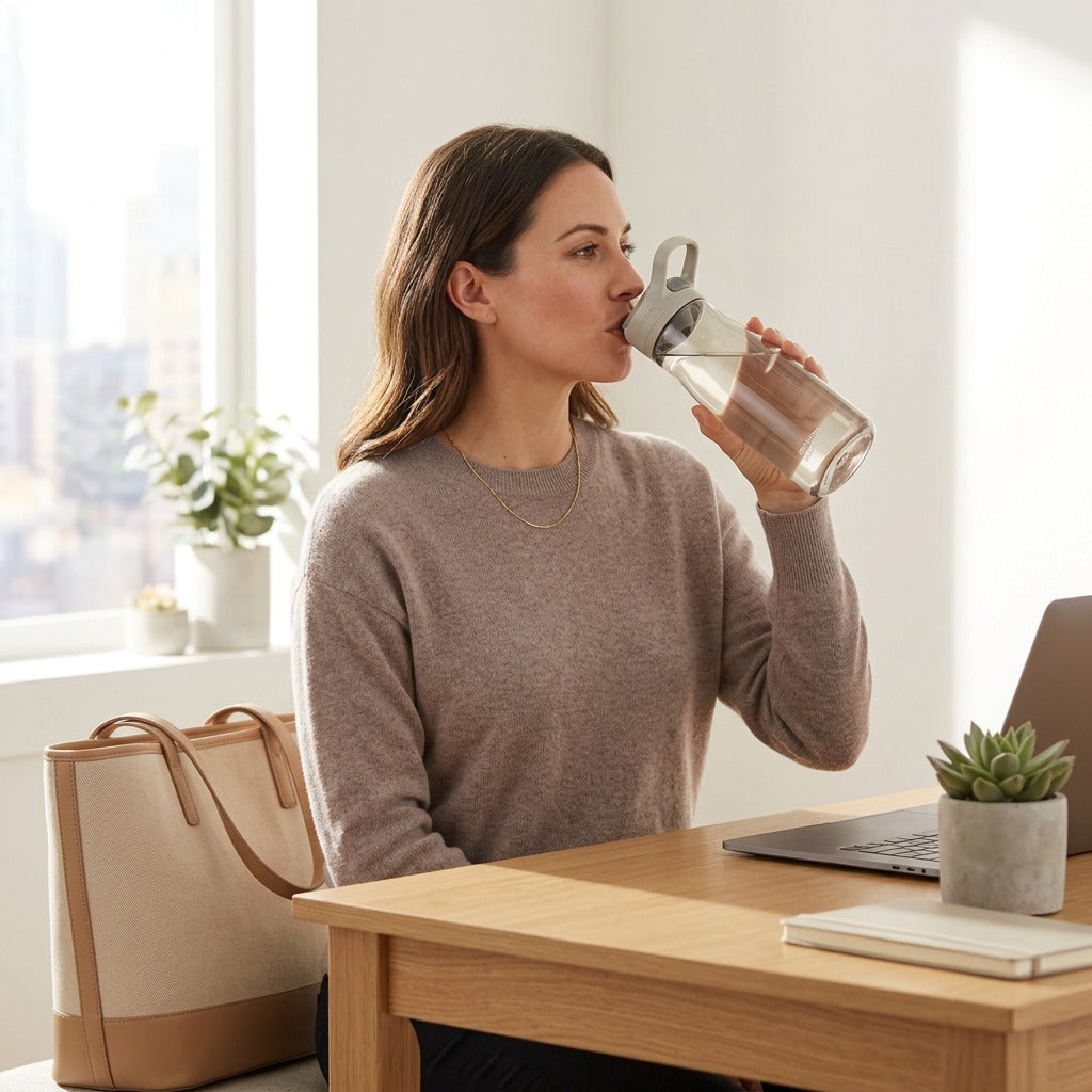 Woman drinking from a Contigo Cortland 2.0 AUTOSEAL water bottle at a sunlit desk.