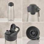 Four-panel view of Contigo Cortland 2.0 32 oz water bottle in Sake, showing bottle, lid, and lock.