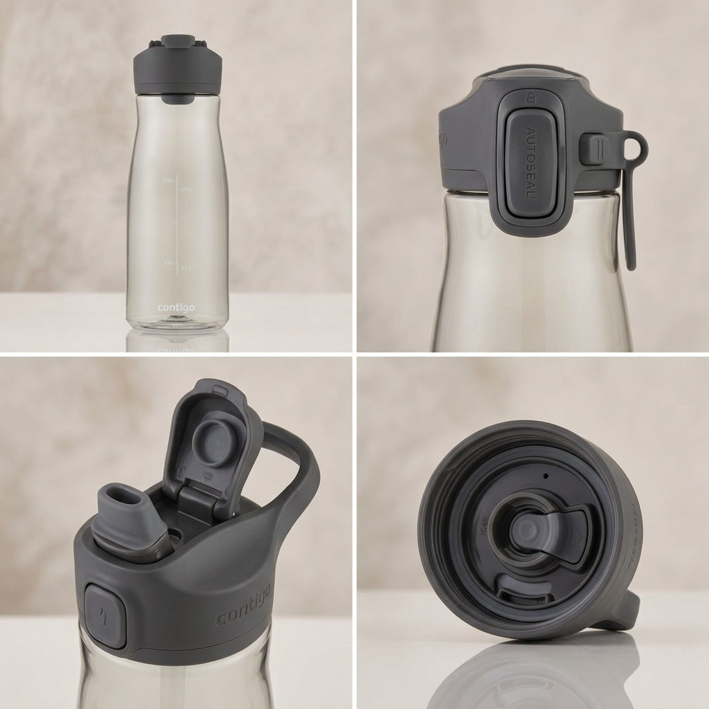 Four-panel view of Contigo Cortland 2.0 32 oz water bottle in Sake, showing bottle, lid, and lock.