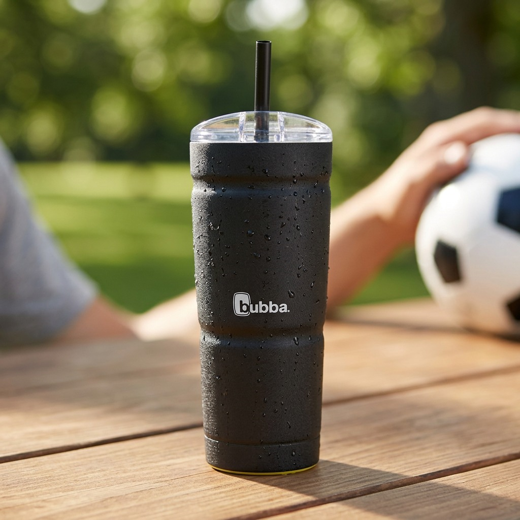 bubba Envy S 24 oz stainless steel tumbler in Licorice — lid and straw view