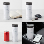 A visual scale comparison of the 20 oz Contigo Huron 2.0 travel tumbler in White Marble beside a stack of three standard 8.5-by-11-inch books, highlighting its size for customers.