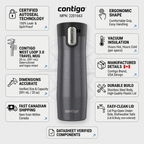 Infographic for Contigo West Loop 3.0 Travel Mug, detailing components, features, and Canadian shipping.
