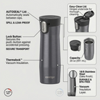 Contigo West Loop 3.0 travel mug (20 oz/591 mL) feature graphic with minimal pointers, labels, and benefit callouts for accurate operational and technical details.